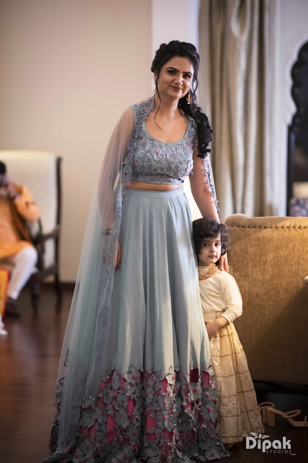 Slate blue lehenga, blouse and dupatta set